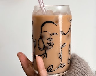 Line Art Glass Can Coffee Cup- Glass Tumbler With Bamboo Lid And Straw