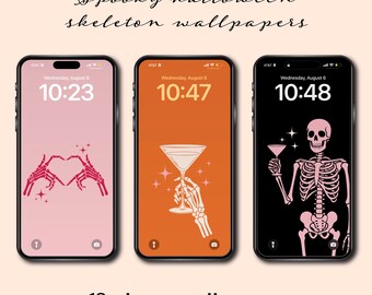 Preppy Skeleton Phone Wallpaper: Spooky Halloween Backgrounds (Digital Download, 12 PNGs
