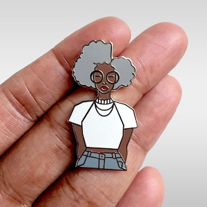 Ebony Gold Enamel Pin, Gray Hair Enamel Pin, Women Lapel Pin, Afro Pin
