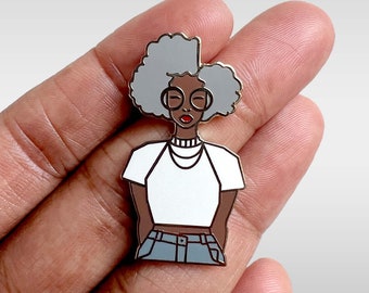 Gold Enamel Pin: Gray Hair Woman Lapel Pin
