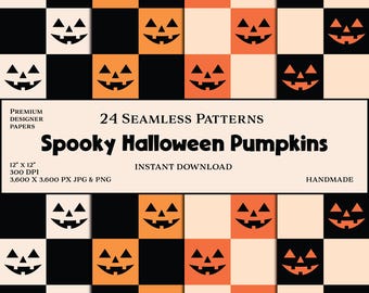 Preppy Halloween Pumpkin Checkered Seamless Patterns: Digital Download