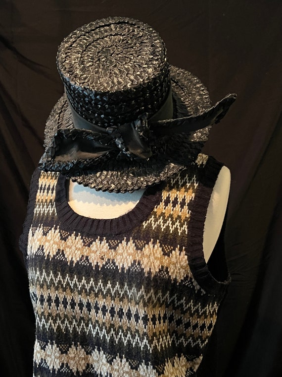 Black Raffia Woven Hat - 1960’s - Wide Brim with … - image 4
