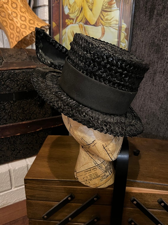 Black Raffia Woven Hat - 1960’s - Wide Brim with B