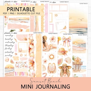 May include: A digital sticker sheet set titled Sunset Beach featuring printable planner elements including watercolor illustrations of beach scenes, tropical flowers, seashells, a person wearing a sun hat, flip-flops, and days of the week text.