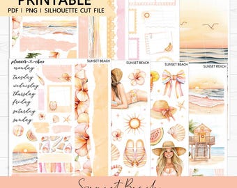 Kit de mini-journal Sunset Beach : autocollants imprimables pour agenda (PDF, PNG, fichiers de découpe Silhouette)