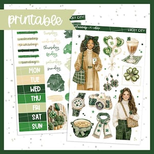 May include: Printable planner stickers with a St. Patrick's Day theme. The stickers include illustrations of women, shamrocks, balloons, and a watch. Text includes the days of the week and the word "printable". The color scheme is green, beige, and white.