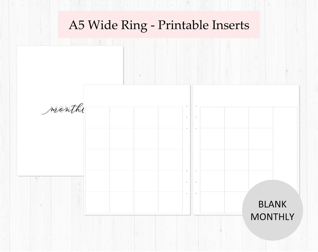 Black Monthly A5 Wide Rings : MO2P Printable Planner Inserts - Etsy