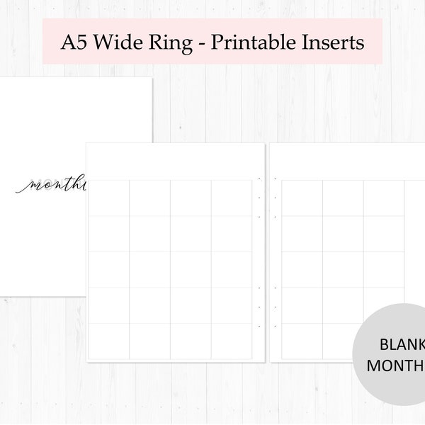 Blank Monthly / A5 Wide Rings / Printable Inserts / MO2P / Monthly Printable Inserts/ A5 Wide Printable Insert