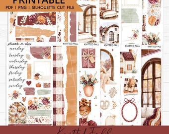 May include: A digital journaling kit featuring fall-themed graphics including autumn flowers, pumpkins, cozy interiors, knitted textures, and plaid patterns. The set includes text labels for days of the week, decorative borders, and various seasonal illustrations.