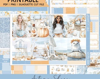 Autumn Shore Vertical Weekly Kit : Printable Planner Stickers (PDF, PNG, Silhouette Cut Files)