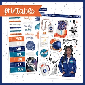May include: Printable planner stickers with a space theme. Includes stickers with days of the week, watercolor splashes, and illustrations of a spacesuit, astronaut, microscope, and gifts. The word "printable" is in orange.