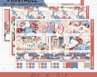 July Vertical Monthly kit, Patriotic Girl : Printable Planner Stickers (PDF, PNG, Silhouette Cut Files)