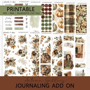 May include: A digital sticker sheet set titled Autumn Gallery featuring printable planner elements including days of the week, alphabet circles, pumpkins, plaid patterns, autumn leaves, floral arrangements, and illustrations of a person.