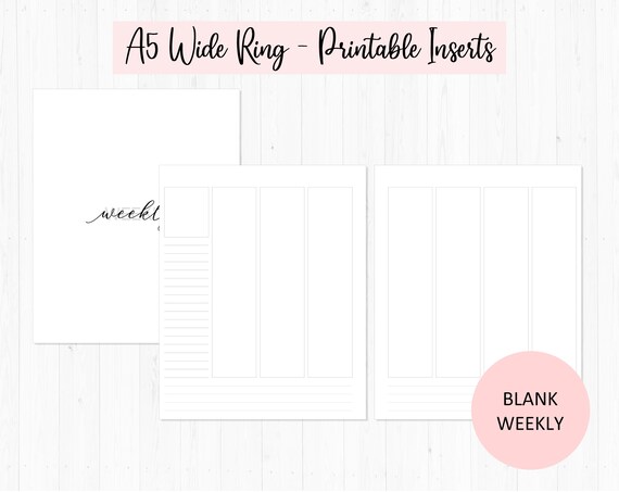 Blank Weekly / A5 Wide Rings / Printable Inserts / WO2P / | Etsy