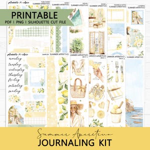 Può includere: Un kit di journaling stampabile a tema estivo. Il design presenta illustrazioni ad acquerello di limoni, articoli di moda e paesaggi italiani. Il testo include "Summer Aperitivo JOURNALING KIT" ed etichette per planner.