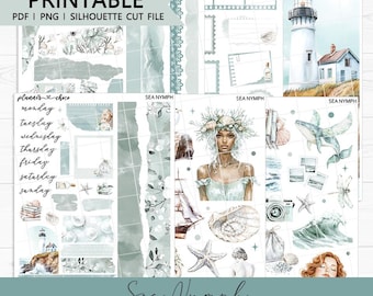 Sea Nymph Mini Journaling Kit: Printable Planner Stickers (PDF, PNG, Silhouette Cut Files)