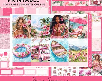 Tu kit semanal vertical de verano: pegatinas imprimibles para agenda (PDF, PNG, archivos de corte Silhouette)