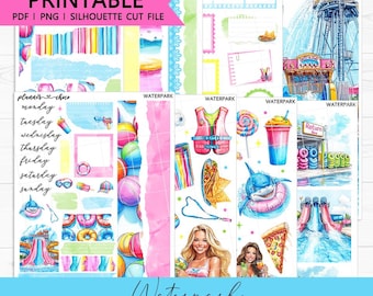 Kit de mini-journaling sur le thème du parc aquatique : autocollants imprimables pour agenda (PDF, PNG, fichiers de découpe Silhouette)