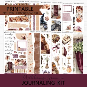 May include: A digital journaling kit titled Witching Season featuring various stickers including pumpkins, a witch hat, tarot cards, a key, dried flowers, mushrooms, and days of the week. The set includes decorative borders, floral arrangements, and scenes.