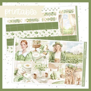 May include: A printable planner sticker sheet with a St. Patrick's Day theme. The design features green and white elements, including shamrocks, illustrations of women, and the text "Lucky Field". The sheet includes decorative strips and calendar boxes.