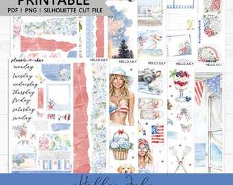 Hello July Journaling Kit: Printable Planner Stickers (PDF, PNG, Silhouette Cut Files)