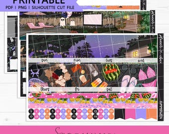 Kit mensuel vertical Summerween : autocollants imprimables pour agenda (PDF, PNG, fichiers de découpe Silhouette)