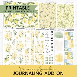 Könnte beinhalten: Druckbare Planer-Aufkleber mit Sommerthema. Das Design umfasst Zitronen- und Blumenmuster, Aquarellelemente sowie Buchstaben- und Zahlenblöcke. Der Text lautet "Summer Aperitivo Journaling Add On."