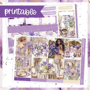 May include: A printable planner sticker sheet with a watercolor design. The design features illustrations of irises, teacups, and elegant figures in shades of purple and gold. The word "printable" is in the upper left corner.