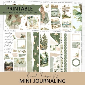 Pode incluir: Um kit de mini diário imprimível com tema de viagem. O design apresenta ilustrações de elementos de viagem, incluindo um carro vintage, malas e um mapa. A paleta de cores inclui tons de verde, bege e castanho. O texto na imagem diz "Road Trip V2".