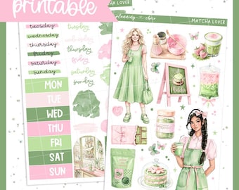 Matcha Lover Journaling Kit: Printable Planner Stickers (PDF, PNG, Silhouette Cut Files)