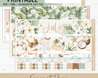 July Vertical Monthly kit, Coconut Dune : Printable Planner Stickers (PDF, PNG, Silhouette Cut Files)