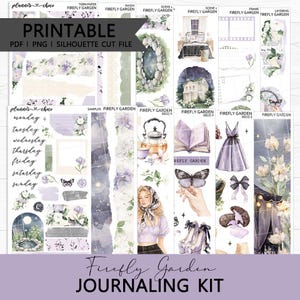 May include: A printable journaling kit with a floral and fantasy theme. The kit includes various decorative elements such as washi tape, scene illustrations, and frames. The color palette features shades of purple, white, and gray. Text includes "Printable" and "Firefly Garden Journaling Kit."