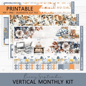 May include: A printable planner sticker kit titled Rainy September featuring watercolor illustrations of autumn flowers, plaid patterns, a laptop, a beanie, rain boots, and an umbrella, along with calendar date circles and day labels.