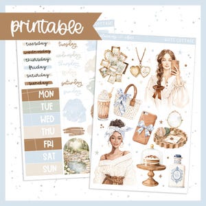 May include: Printable planner stickers with a watercolour design. The stickers feature illustrations of a woman, a handbag, a cake, and other decorative elements. The text "printable" is at the top left. The stickers are in shades of brown, blue, and white.
