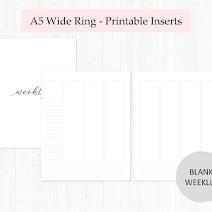 May include: Two printable A5 weekly planner inserts. The left insert has a lined section and a blank section. The right insert is blank. The text "BLANK WEEKLY" is on a gray circle.