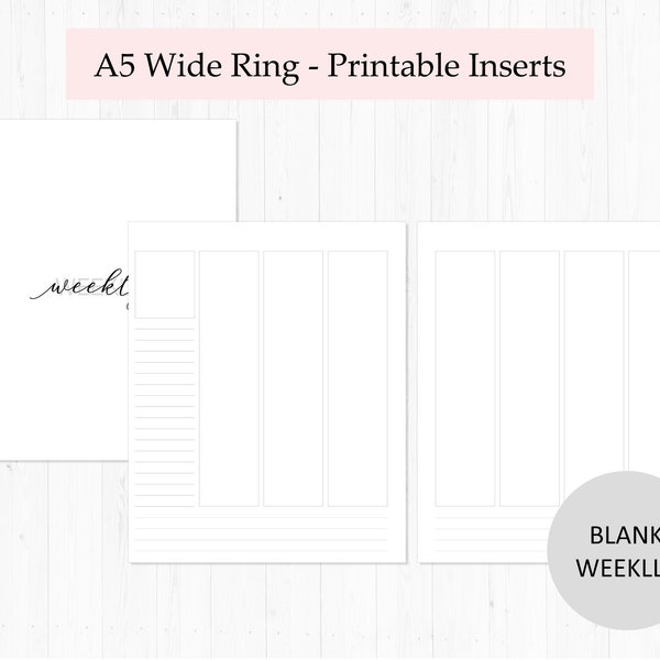 Blank Weekly / A5 Wide Rings / Printable Inserts / WO2P / Weekly Printable Inserts/ A5 Wide Printable Inserts