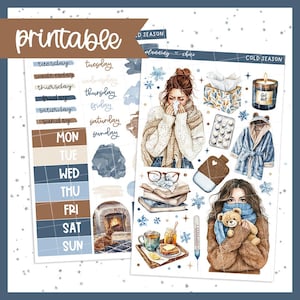 以下が含まれることがあります： 印刷可能なプランナーステッカー、テーマは寒い季節です。ステッカーには、風邪をひいた女性、暖炉、風邪薬のイラストが含まれています。「printable」の文字が上部にあります。