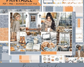 Rainy September Vertical Weekly Kit : Printable Planner Stickers (PDF, PNG, Silhouette Cut Files)