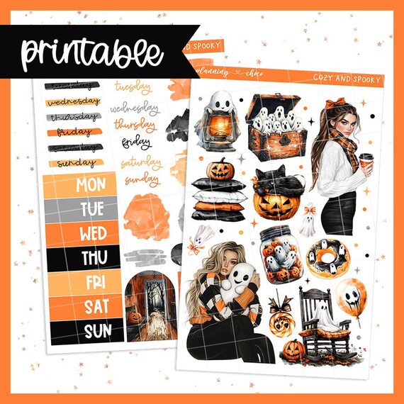 Cozy Spooky Journaling Kit: Printable Planner Stickers (PDF, PNG, Silhouette Cut Files)