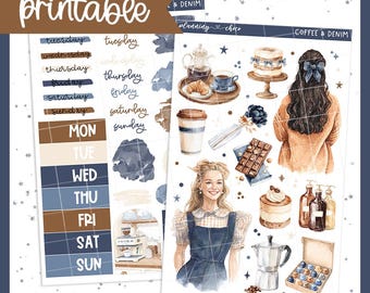 Coffee & Denim Journaling Kit: Printable Planner Stickers (PDF, PNG, Silhouette Cut Files)