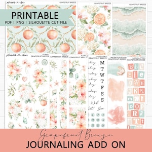 Può includere: Una collezione di adesivi stampabili per planner a tema pompelmo. I disegni includono illustrazioni ad acquerello di pompelmi, fiori ed elementi decorativi. Il testo include "Printable", "Grapefruit Breeze" e "Journaling Add On".