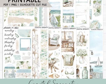 Coastal Serenity Journaling Kit: Printable Planner Stickers (PDF, PNG, Silhouette Cut Files)