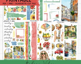 Kit de mini-journaling Italian Vibes : autocollants imprimables pour agenda (PDF, PNG, fichiers de découpe Silhouette)