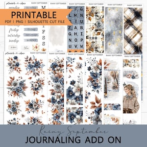 May include: A digital sticker sheet set titled Rainy September featuring floral arrangements in blue and brown, plaid patterns, alphabet letters, and a person in a sweater. The printable collection includes PDF, PNG, and Silhouette cut files.