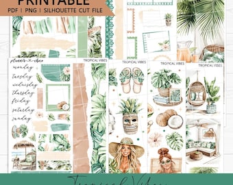 Tropical Vibes Mini Journaling Kit: Printable Planner Stickers (PDF, PNG, Silhouette Cut Files)
