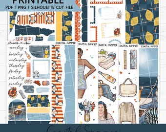 Coastal Summer Mini Journaling Kit: Printable Planner Stickers (PDF, PNG, Silhouette Cut Files)