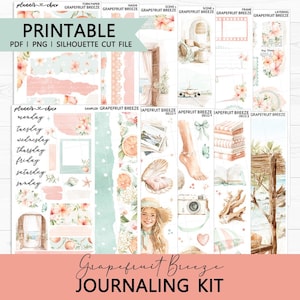 Può includere: Un kit di journaling stampabile con un tema acquerello. Il kit include vari elementi decorativi come carta strappata, nastro washi ed elementi di scena. Il kit presenta il testo "Grapefruit Breeze" e include file PDF, PNG e Silhouette.