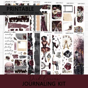 Op de afbeelding: Een digitale printbare journaling-set genaamd Dark Circus met diverse stickers, waaronder een reuzenrad, een skelet, een persoon op een schommel, donkere rozen, vintage filmstrips en de dagen van de week in een donker kleurenpalet.