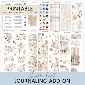 May include: A digital sticker sheet set titled Gentle Fall featuring printable planner elements including days of the week, alphabet circles, plaid patterns, floral bouquets, pumpkins, acorns, vintage paper textures, and architectural building illustrations.