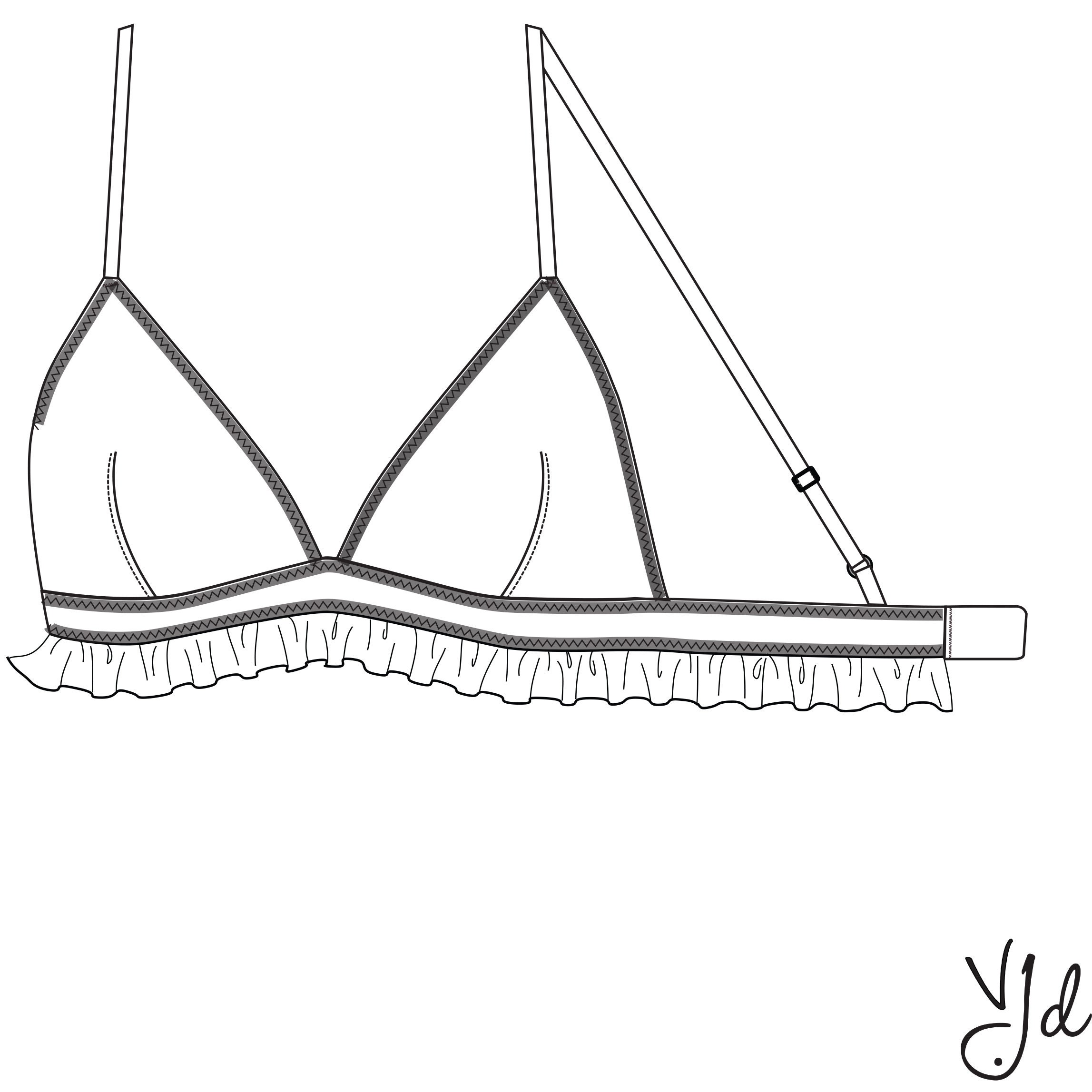 Technical drawing AI file of a darted soft bra with frills | Etsy